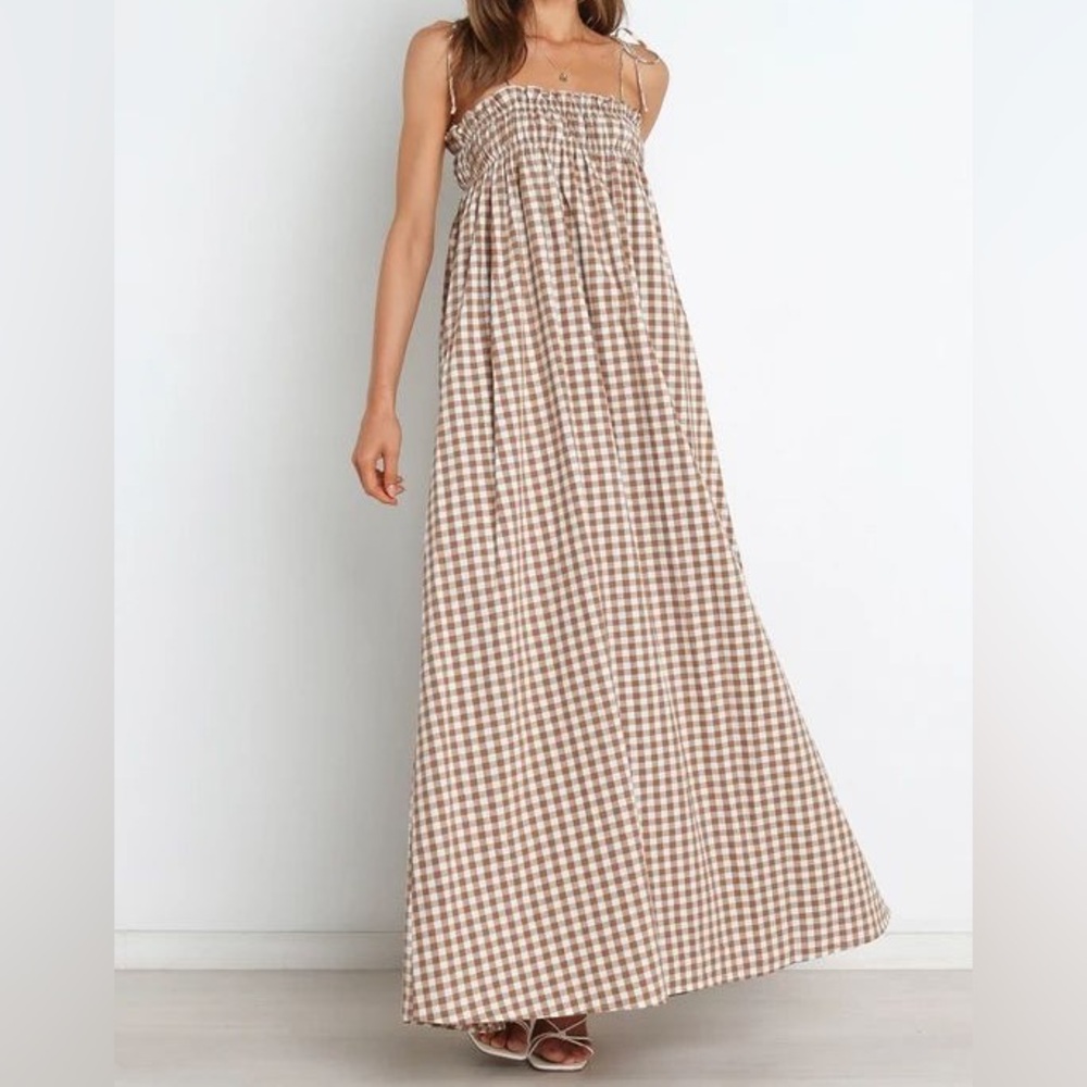 Petal & Pup Brown and White Smocked Maxi Sundress